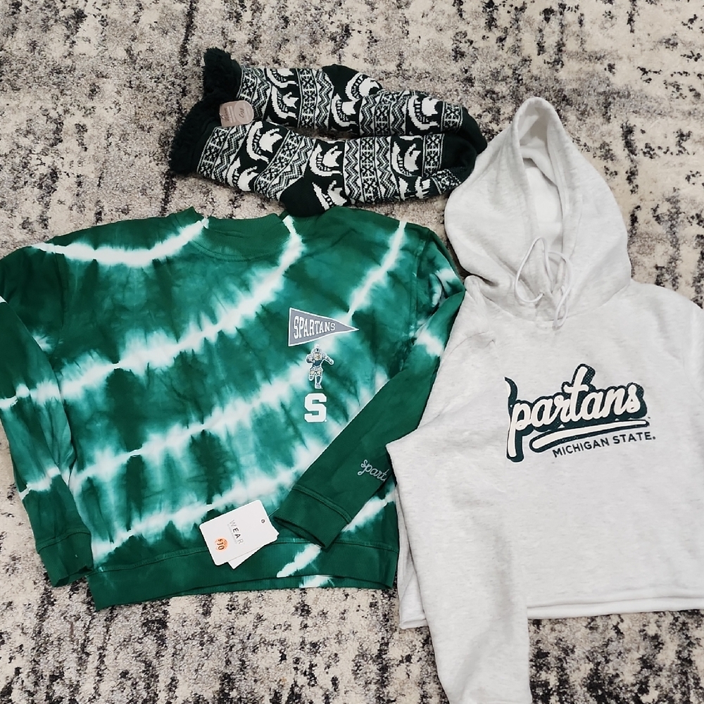 2 Michigan State Sweatshirts Women's M, And MSU cozy Socks.